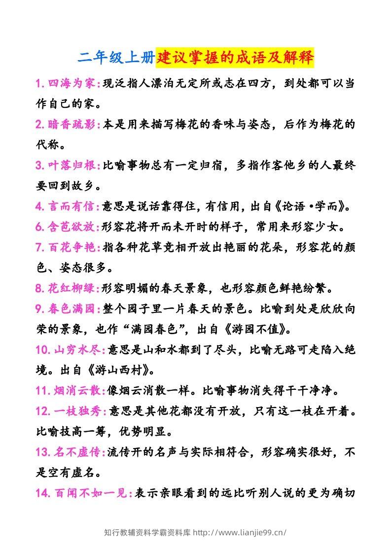 二年级上册语文建议掌握的成语及解释-学霸资料库学科资源下载