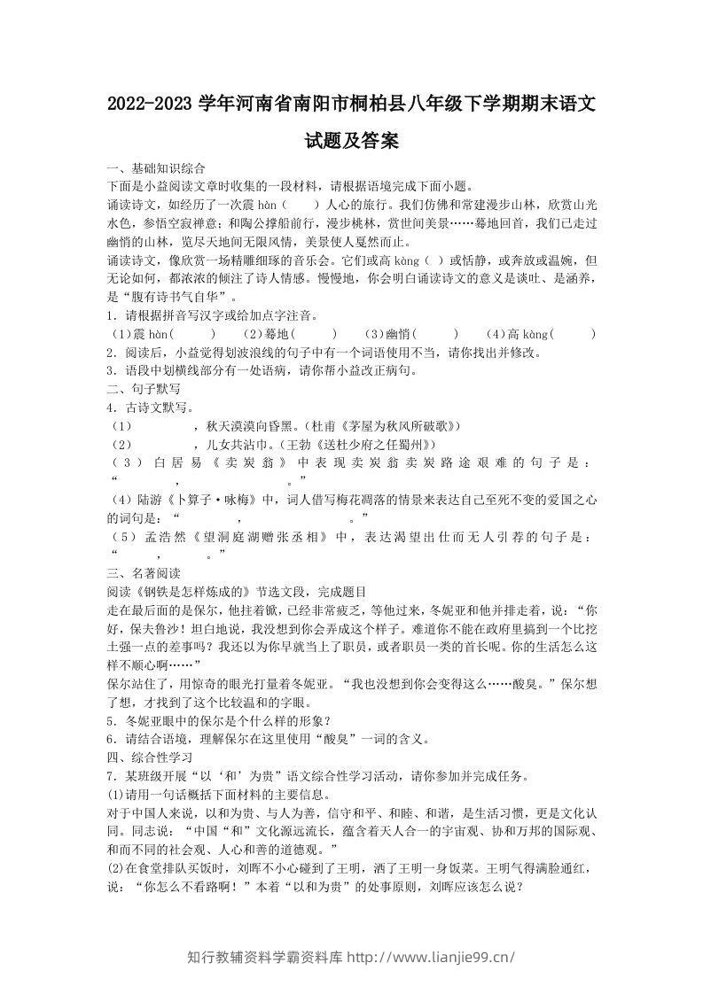2022-2023学年河南省南阳市桐柏县八年级下学期期末语文试题及答案(Word版)-学霸资料库学科资源下载