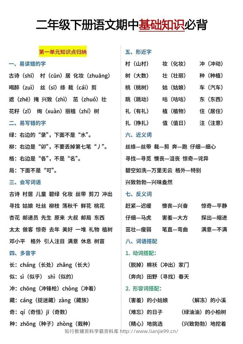 二年级下册期中基础知识必背-学霸资料库学科资源下载