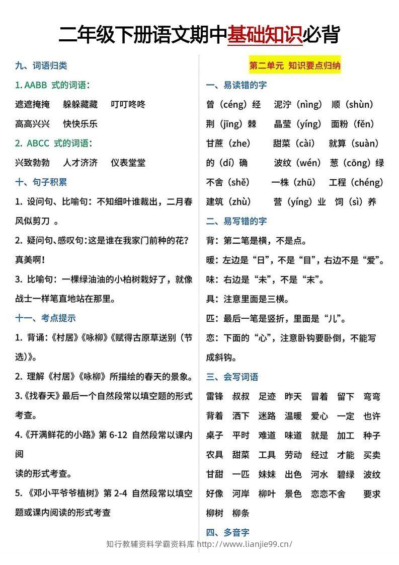 图片[2]-二年级下册期中基础知识必背-学霸资料库学科资源下载
