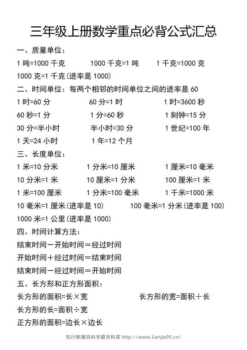 三年级上册数学必背公式汇总-学霸资料库学科资源下载