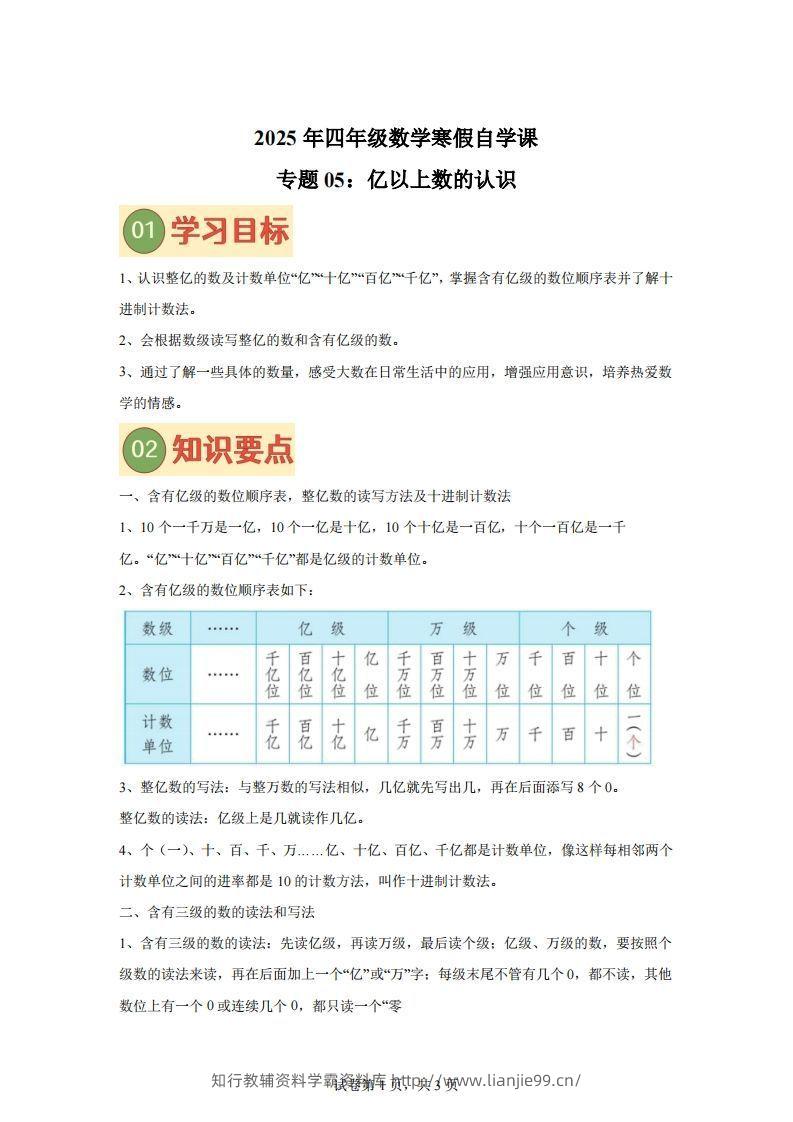 【课时】四下苏教数学专题05亿以上数的认识练习卷-学霸资料库学科资源下载