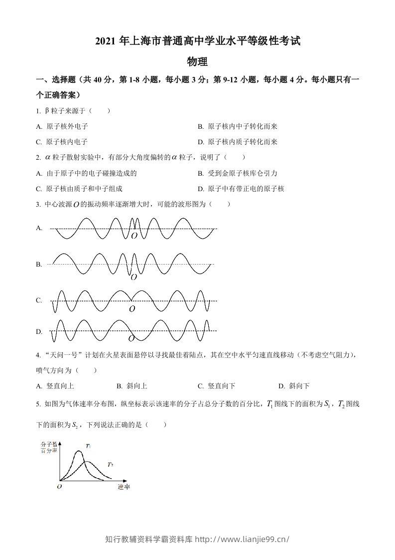 2021年高考物理试卷（上海）（空白卷）-学霸资料库学科资源下载