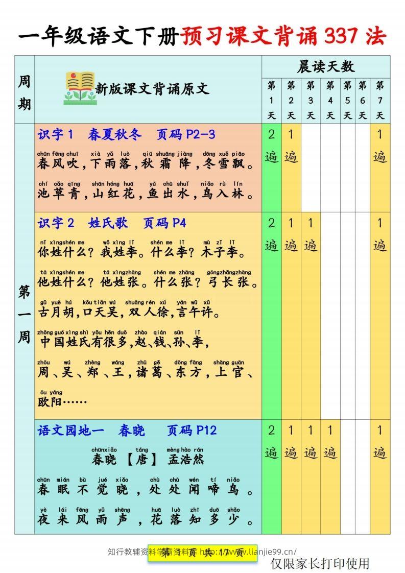 一年级语文【预习课文背诵337法】-学霸资料库学科资源下载
