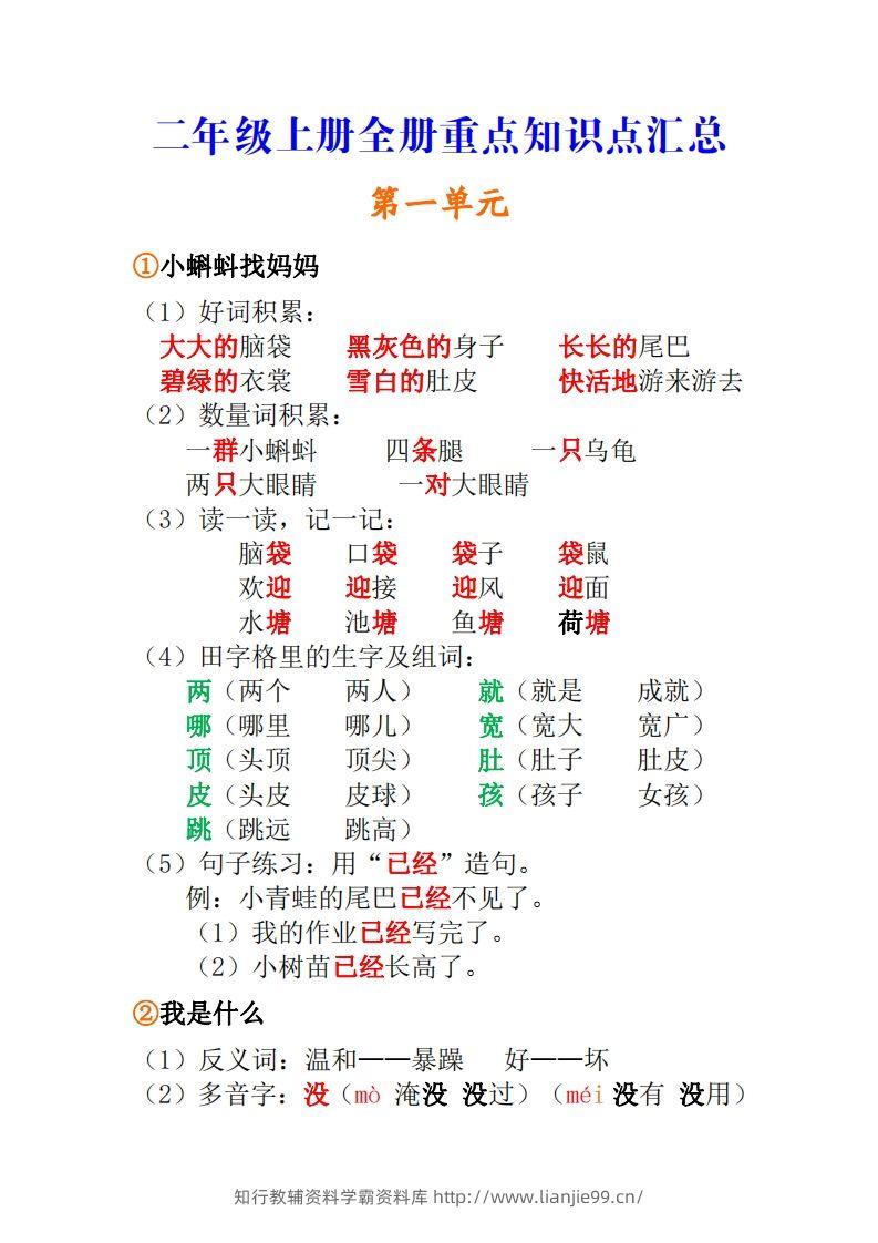 二年级上册语文全册重点知识点汇总-学霸资料库学科资源下载