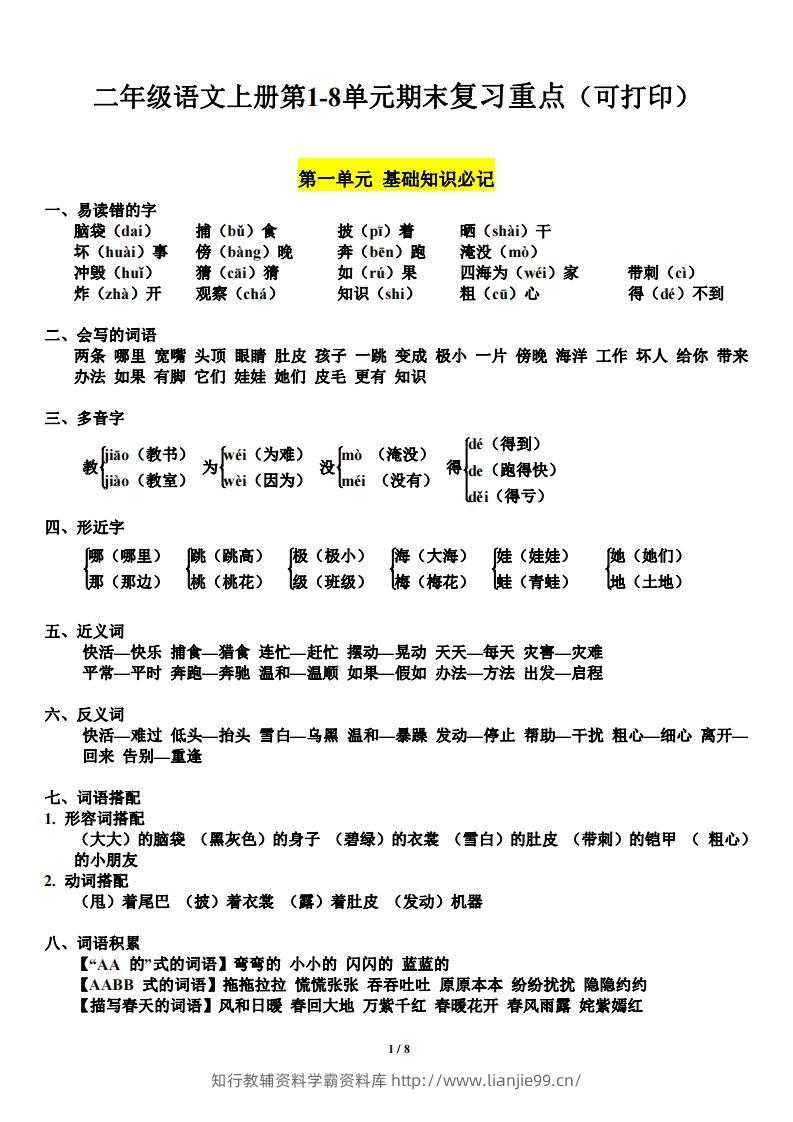 二（上）语文1-8单元期末复习重点-学霸资料库学科资源下载