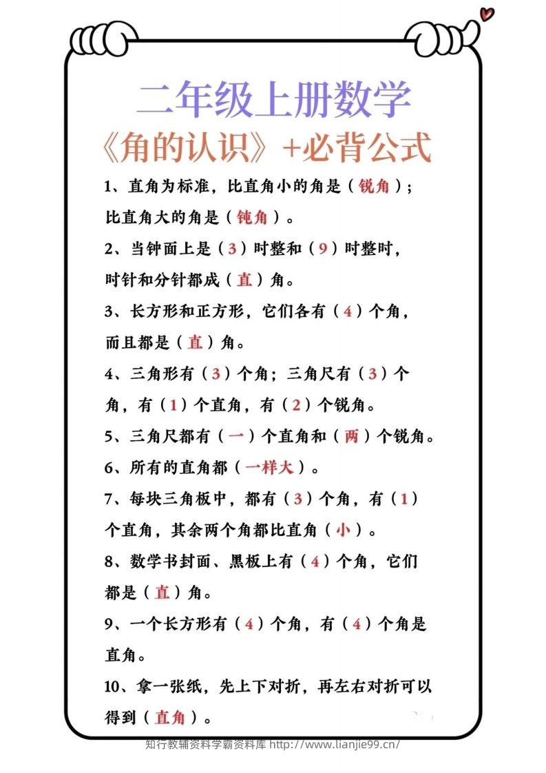 二上数学角的认识必背公式-学霸资料库学科资源下载