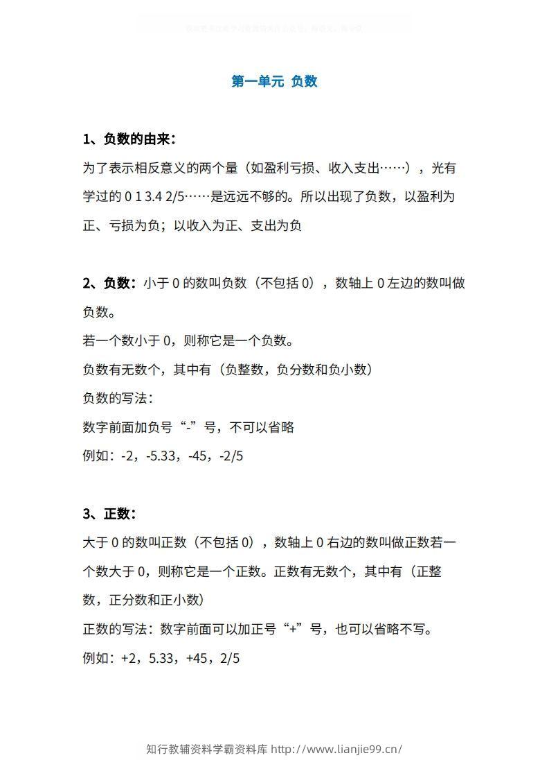 人教版6年级数学下册知识点1-4单元-学霸资料库学科资源下载