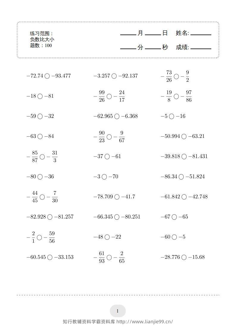 六年级数学下册口算题(负数比大小)1000题（人教版）-学霸资料库学科资源下载