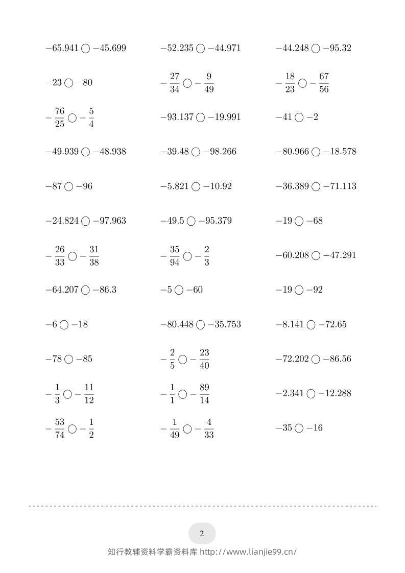 图片[2]-六年级数学下册口算题(负数比大小)1000题（人教版）-学霸资料库学科资源下载