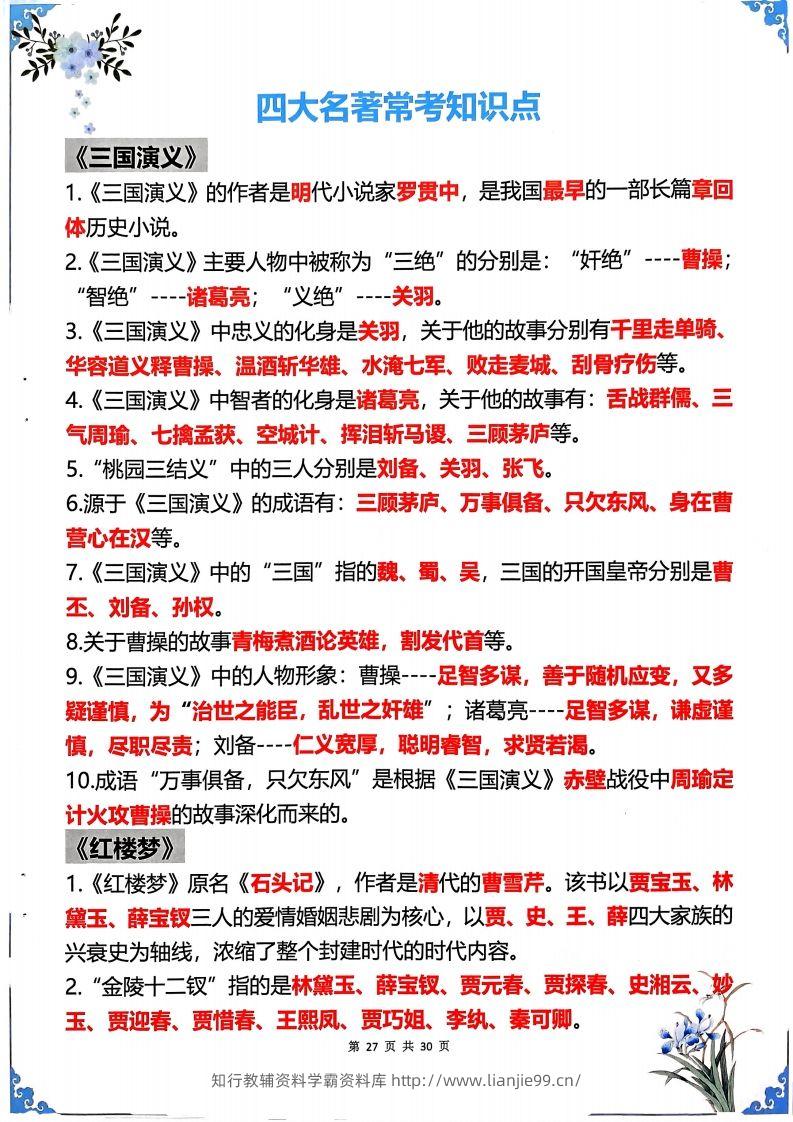 五年级下册语文四大名著常考知识点-学霸资料库学科资源下载