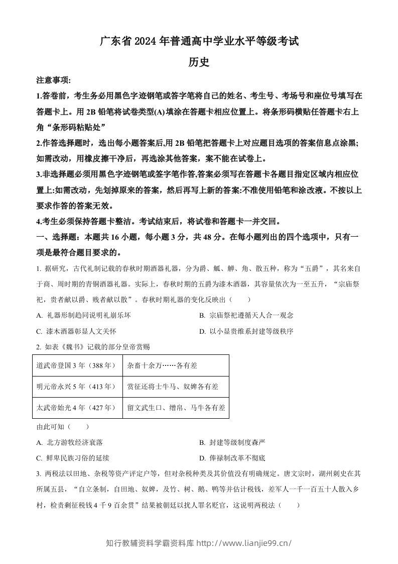 2024年高考历史试卷（广东）（空白卷）-学霸资料库学科资源下载