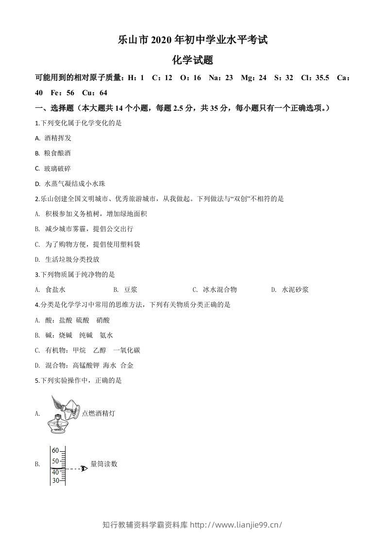 四川省乐山市2020年中考化学试题（空白卷）-学霸资料库学科资源下载