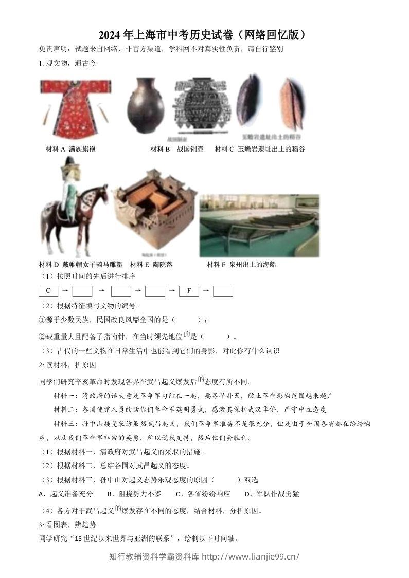2024年上海市中考历史试题（网络回忆版）（空白卷）-学霸资料库学科资源下载