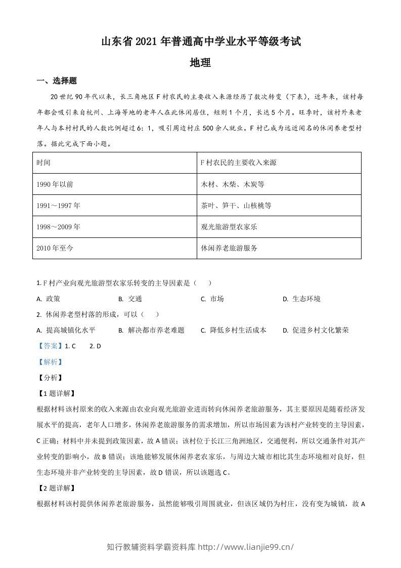 2021年高考地理试卷（山东）（含答案）-学霸资料库学科资源下载