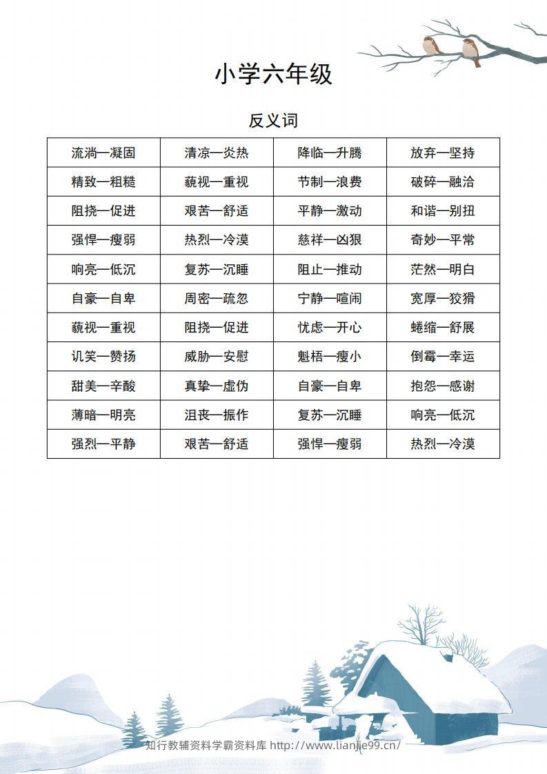 六年级语文近义词和反义词汇总-学霸资料库学科资源下载