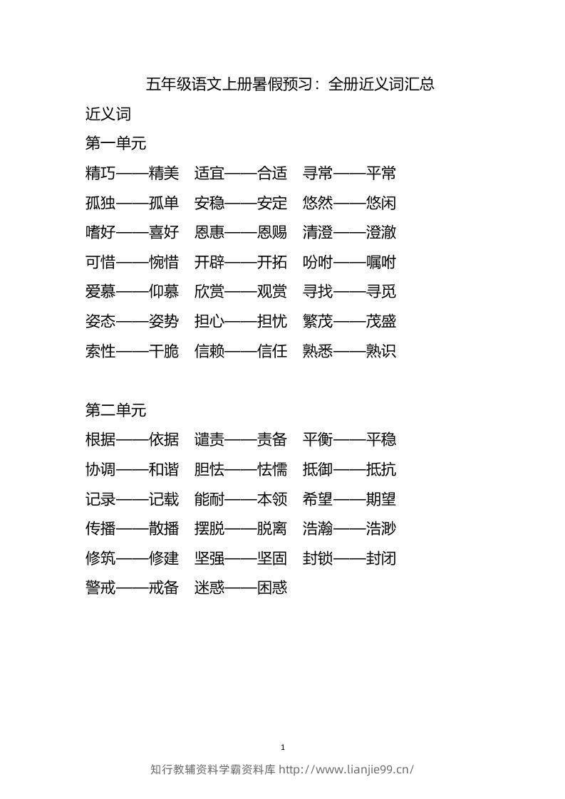 五上语文近.反义词汇总-学霸资料库学科资源下载