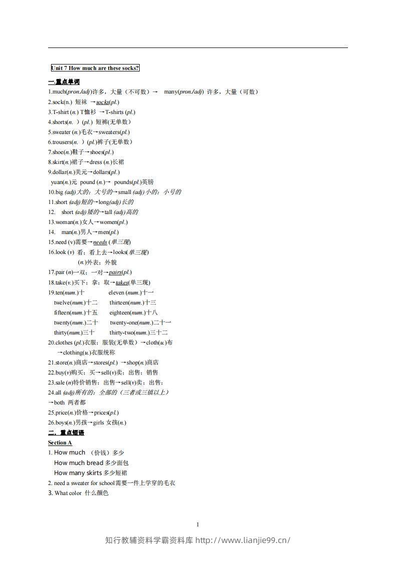 7.人教版七年级上英语Unit7复习提纲-学霸资料库学科资源下载