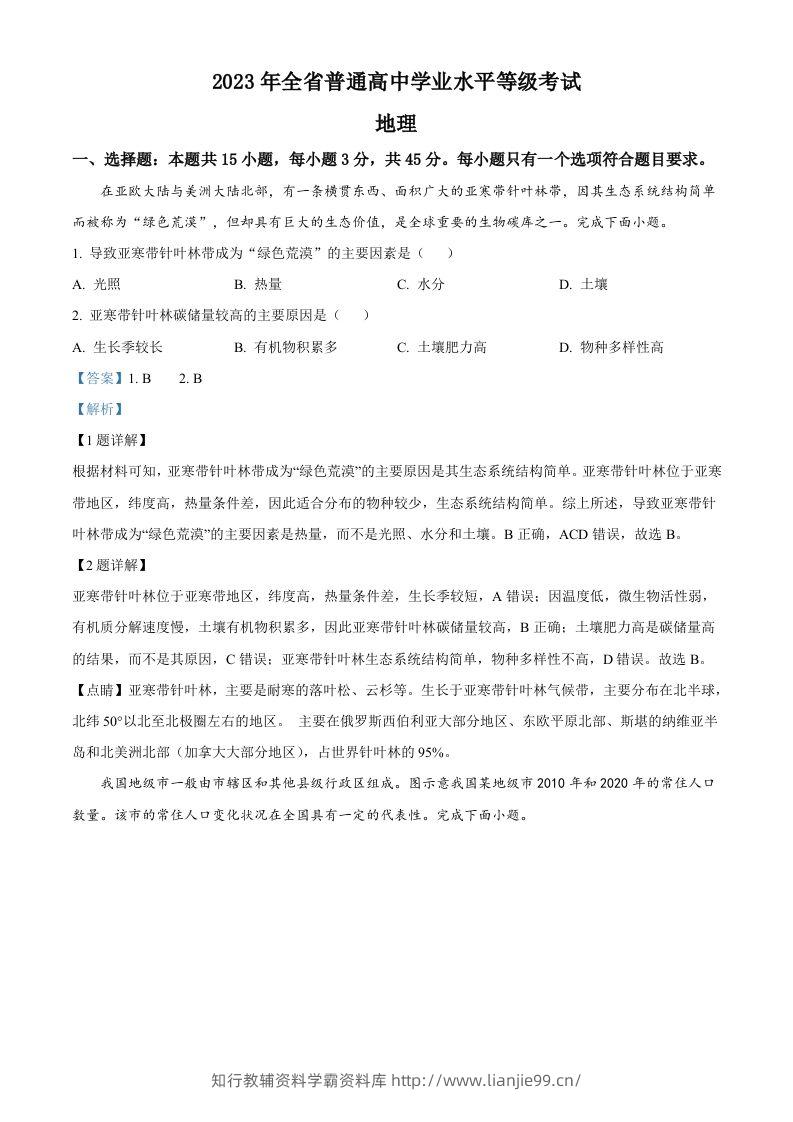 2023年高考地理试卷（山东）（含答案）-学霸资料库学科资源下载
