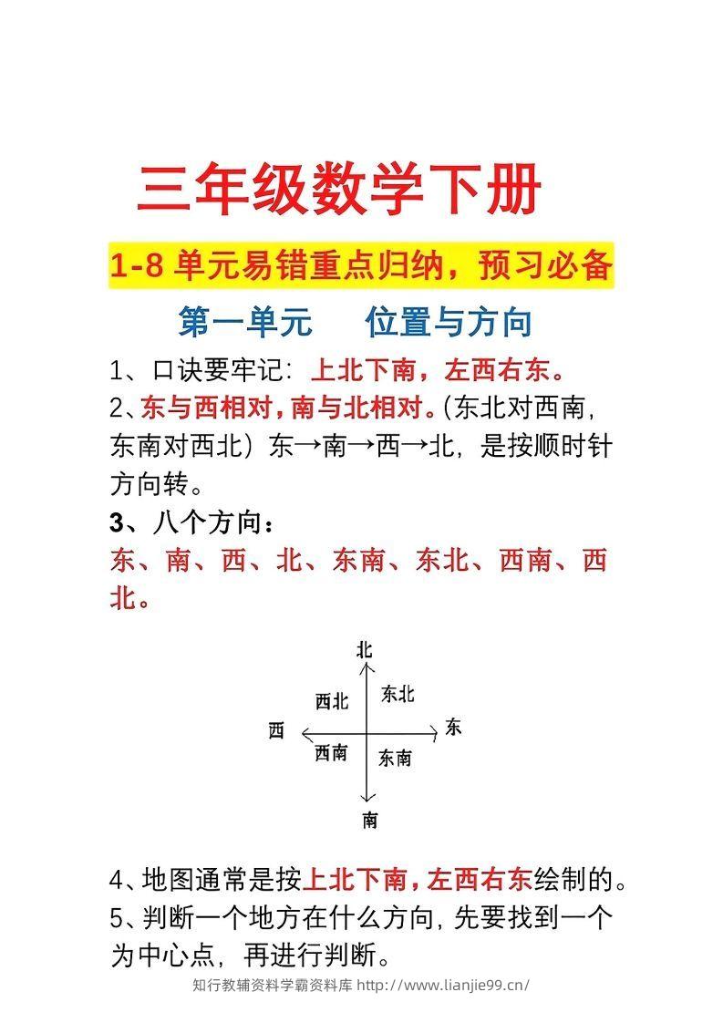 三年级数学下册1-8单元易错重点归纳-学霸资料库学科资源下载