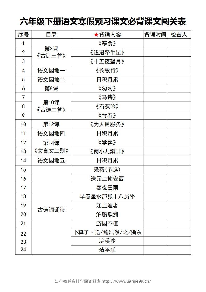 六年级【语文寒假预习】课文必背课文闯关表7页-学霸资料库学科资源下载