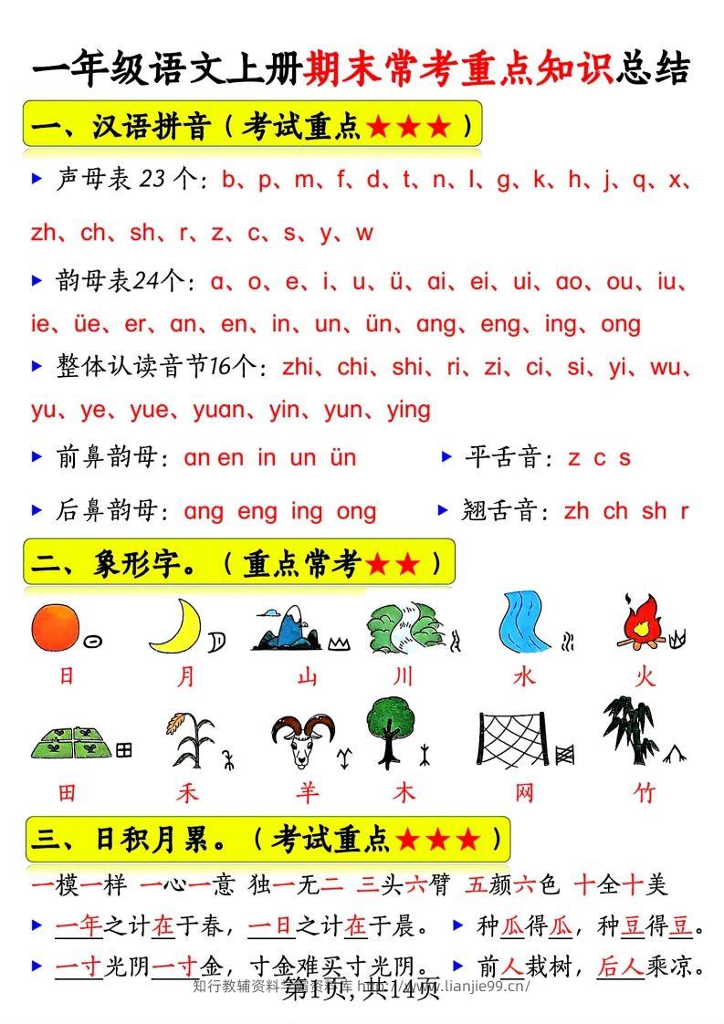 一年级语文上册期末常考重点知识总结-学霸资料库学科资源下载