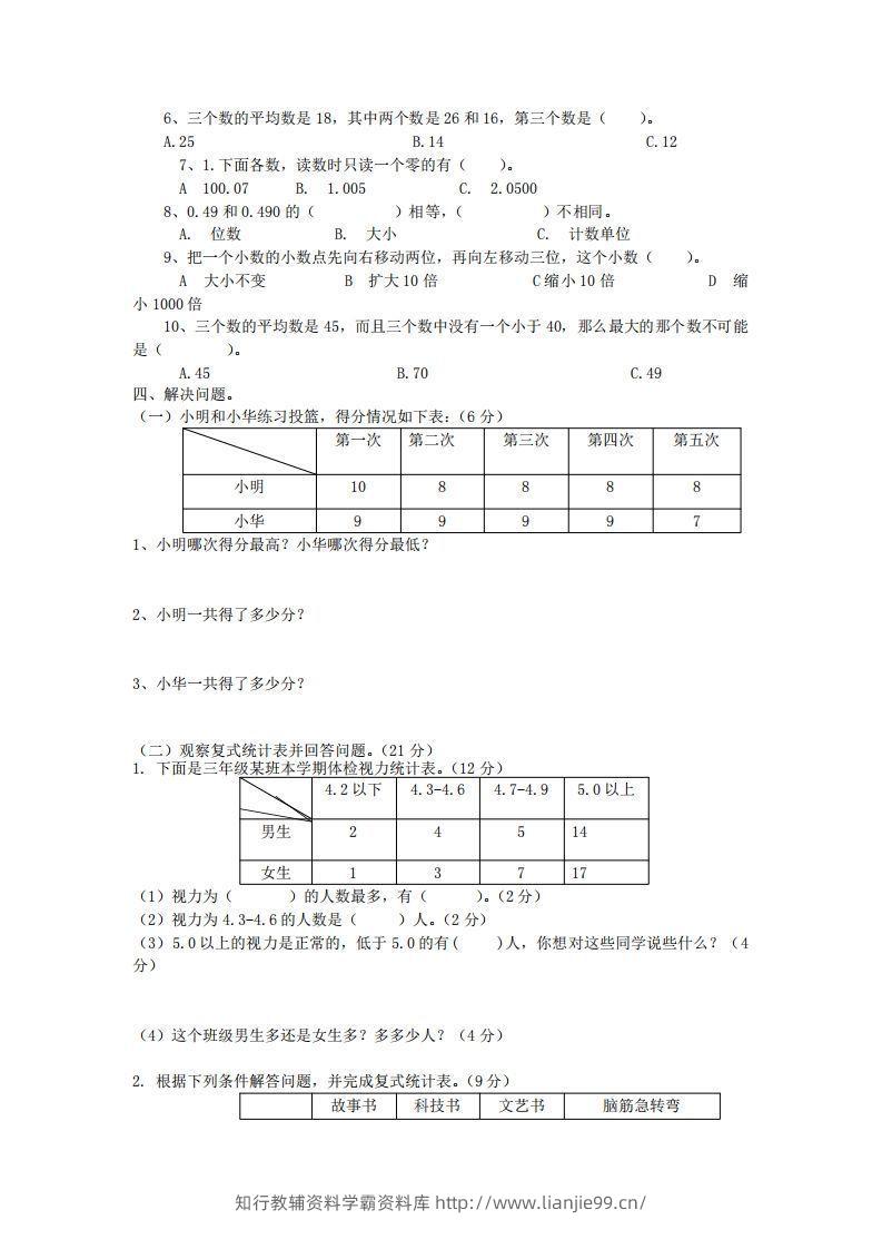 图片[2]-四下青岛六三版数学第八单元测试卷.1-学霸资料库学科资源下载