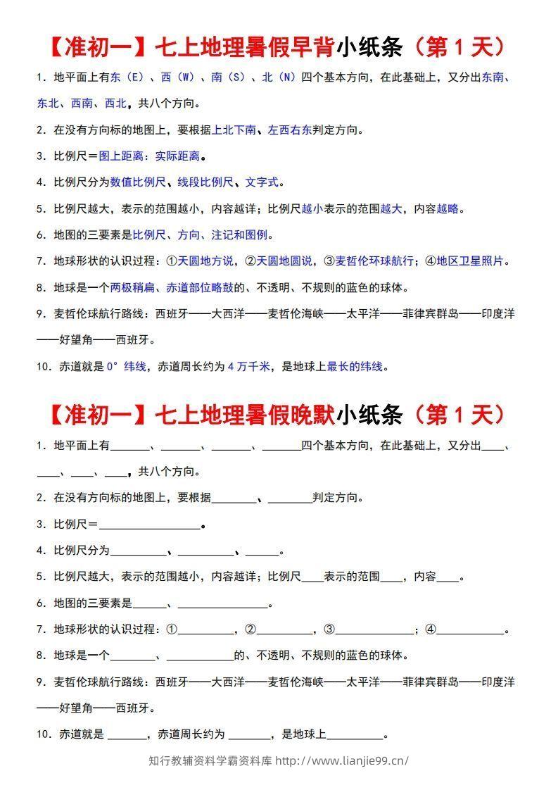 七上地理早背晚练小纸条-学霸资料库学科资源下载