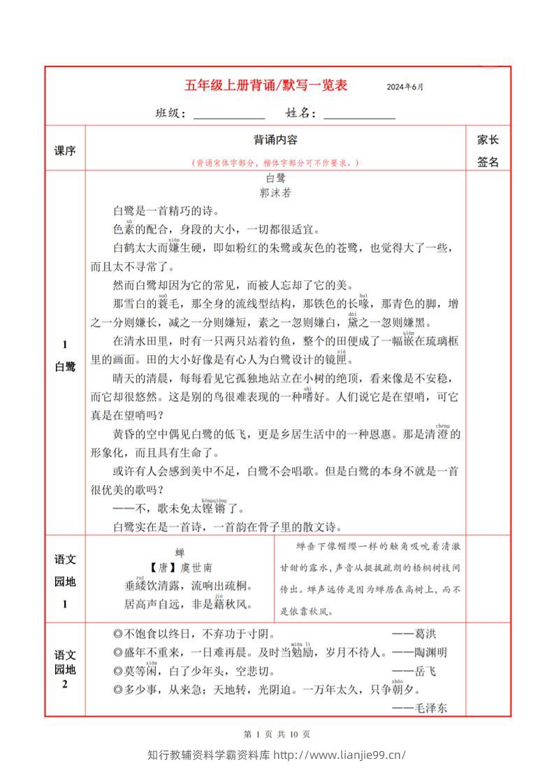 五上语文必背内容+默写表-学霸资料库学科资源下载