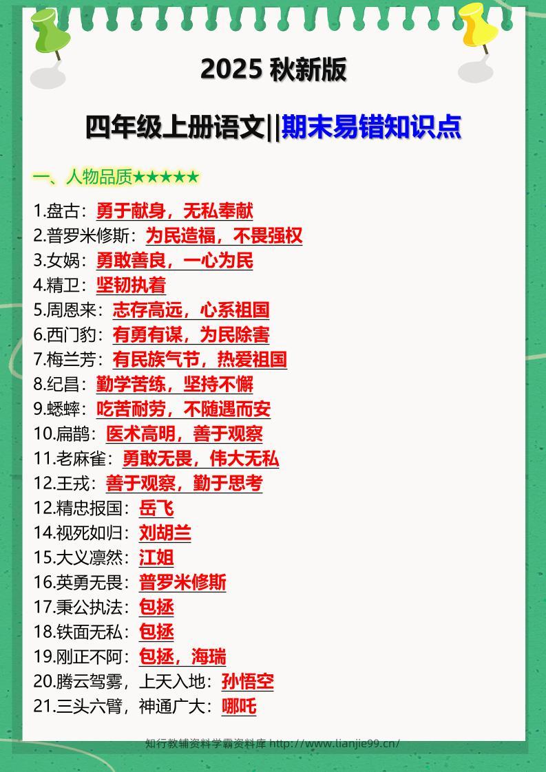 【2025秋新版】四年级上册语文‖期末易错知识点-学霸资料库学科资源下载
