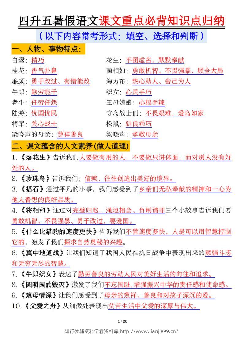 四升五年级暑假语文课文重点必背知识点归纳输出（20页）-五上语文-学霸资料库学科资源下载