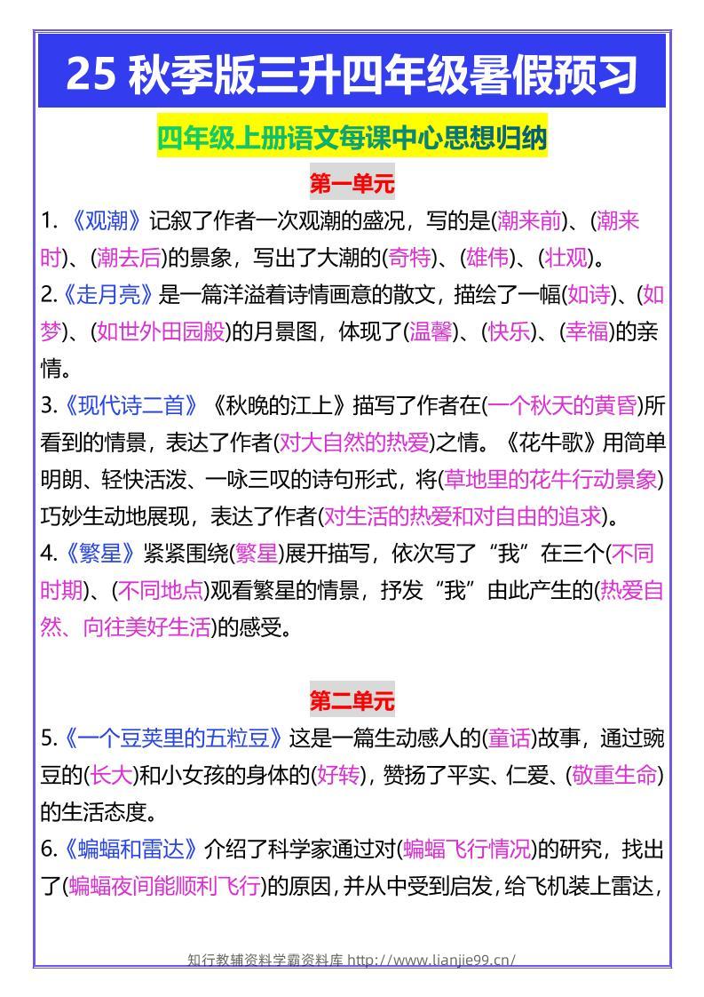 【2025秋新版】四年级上册语文每课中心思想归纳-学霸资料库学科资源下载