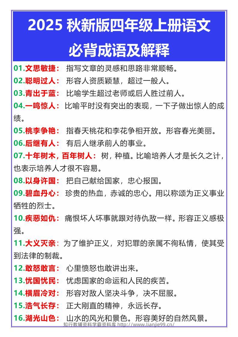 【2025秋新版】四年级上册语文必背成语及解释-学霸资料库学科资源下载