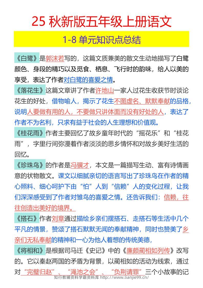 【2025秋新版】五年级上册语文1-8单元知识点总结-学霸资料库学科资源下载