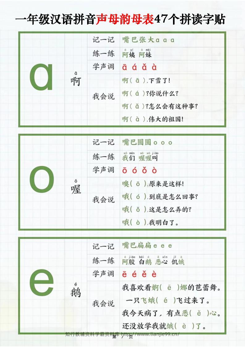 一年级汉语拼音声母韵母表47个拼读字贴（16页）-一上语文-学霸资料库学科资源下载