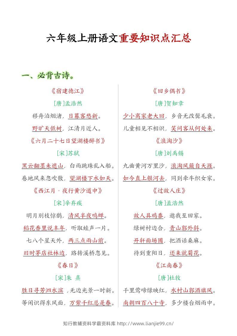 六年级语文上册全册重点知识点汇总-学霸资料库学科资源下载