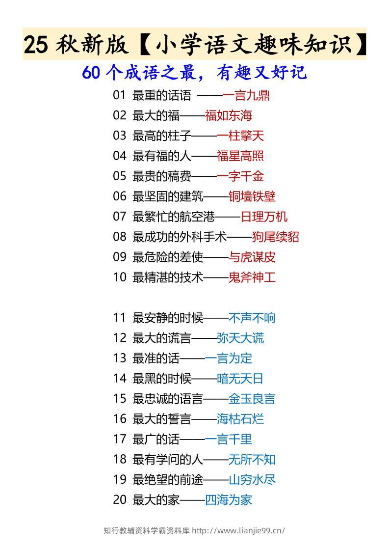 【2025秋新版】【小学语文趣味知识】60个成语之最，有趣又好记-六上语文-学霸资料库学科资源下载