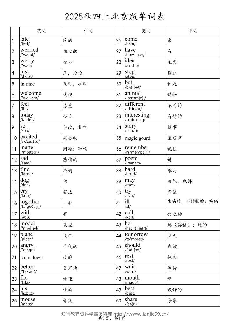2025秋四上英语北京版单词表-学霸资料库学科资源下载