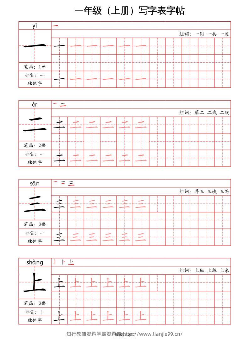 一上语文写字表字帖（笔画+部首+笔顺+组词）-学霸资料库学科资源下载