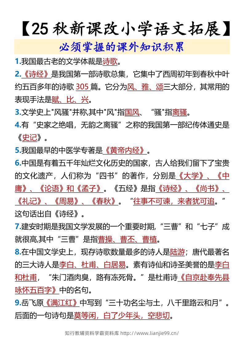 【2025秋新版】【小学语文拓展】必须掌握的课外知识积累-六上语文-学霸资料库学科资源下载