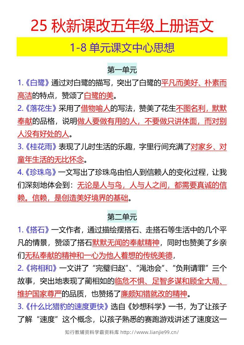 【2025秋新版】五年级上册语文1-8单元课文中心思想-学霸资料库学科资源下载