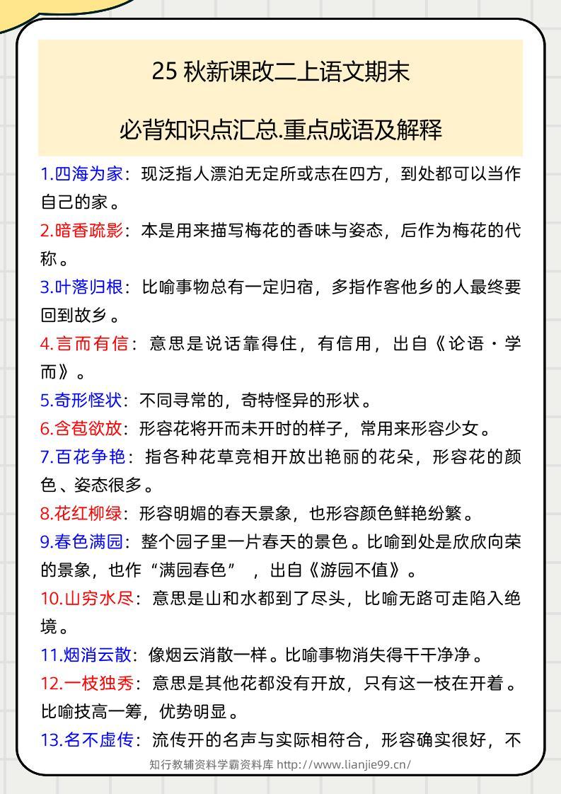 【2025秋新版】二上语文期末必背知识点汇总.重点成语及解释-学霸资料库学科资源下载