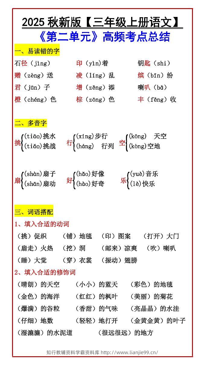 【2025秋新版】【三年级上册语文】《第二单元》高频考点总结-学霸资料库学科资源下载