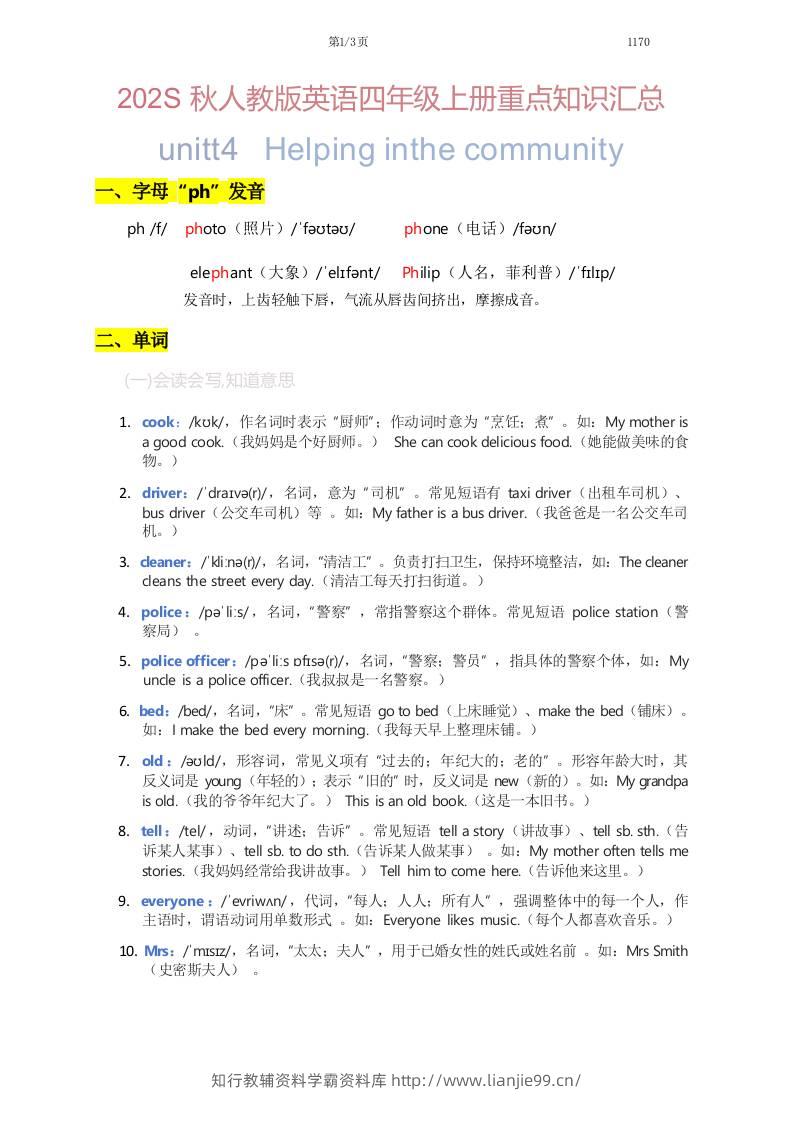 2025秋人教版英语四上Unit4重点知识汇总-学霸资料库学科资源下载