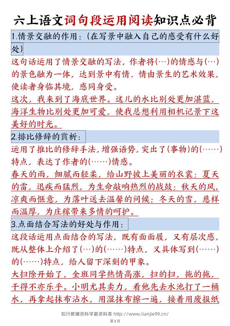 六年级语文上册词句段运用阅读知识点必背-学霸资料库学科资源下载