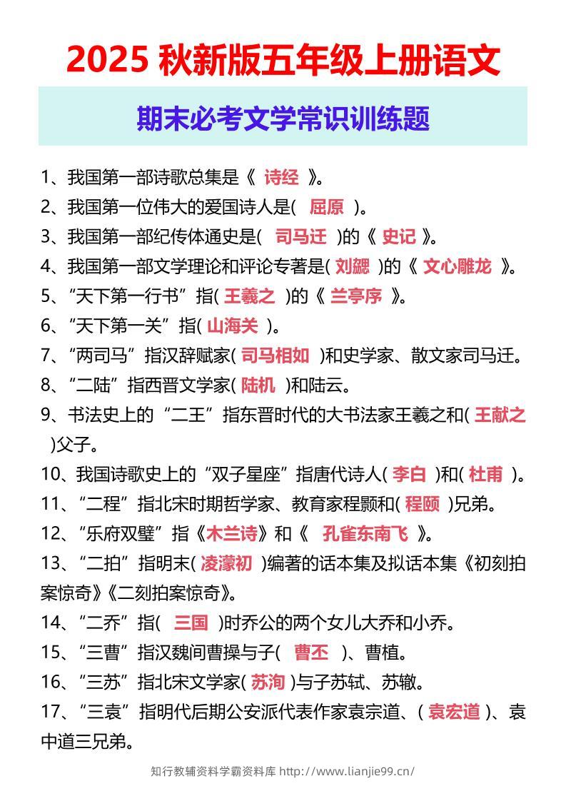 【2025秋新版】五年级上册语文期末必考文学常识训练题-学霸资料库学科资源下载