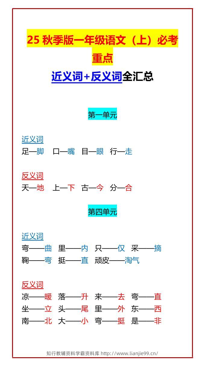 【2025秋新版】一年级语文上必考重点近义词+反义词全汇总-学霸资料库学科资源下载