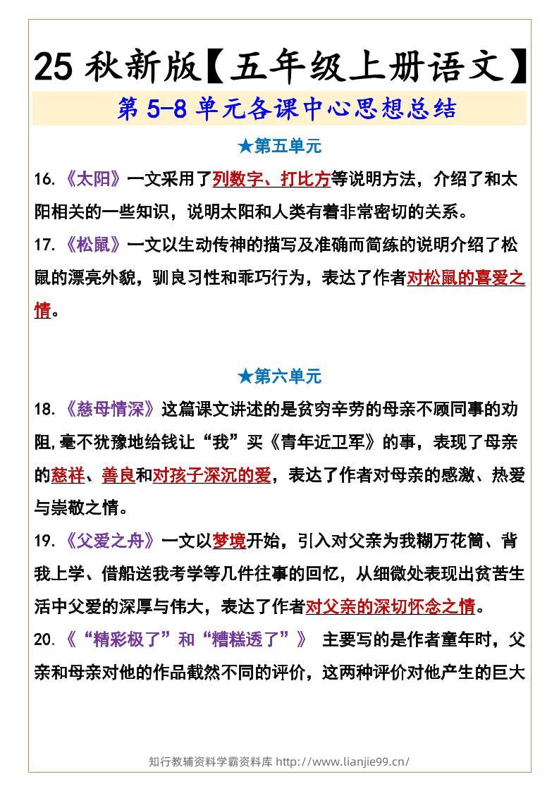 【2025秋新版】【五年级上册语文】第5-8单元各课中心思想总结-学霸资料库学科资源下载