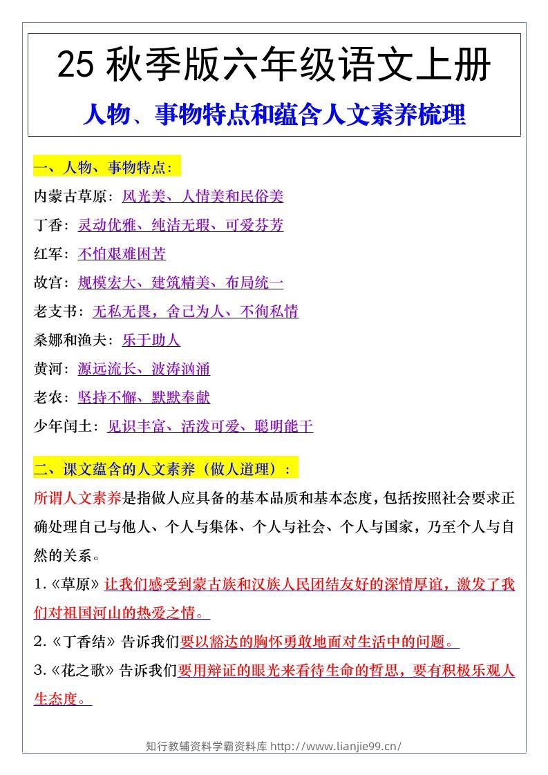 【2025秋新版】六年级语文上册人物、事物特点和蕴含人文素养梳理-学霸资料库学科资源下载