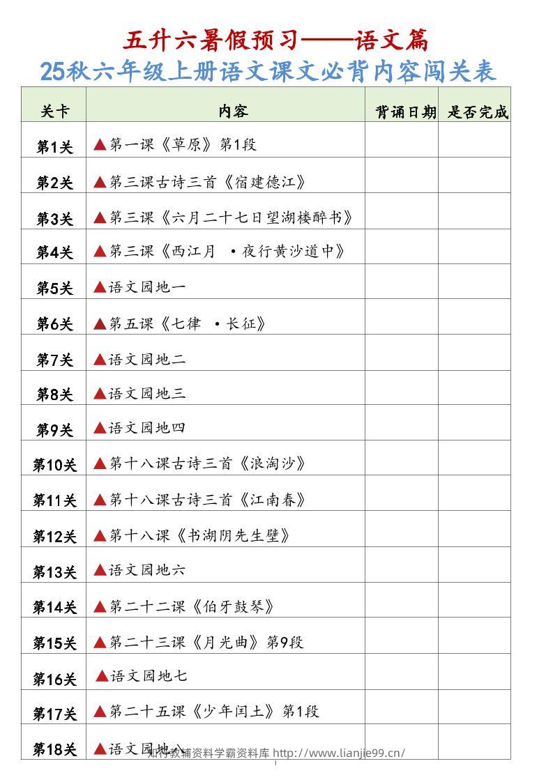 25秋六上语文课文必背内容背诵闯关表7页-学霸资料库学科资源下载